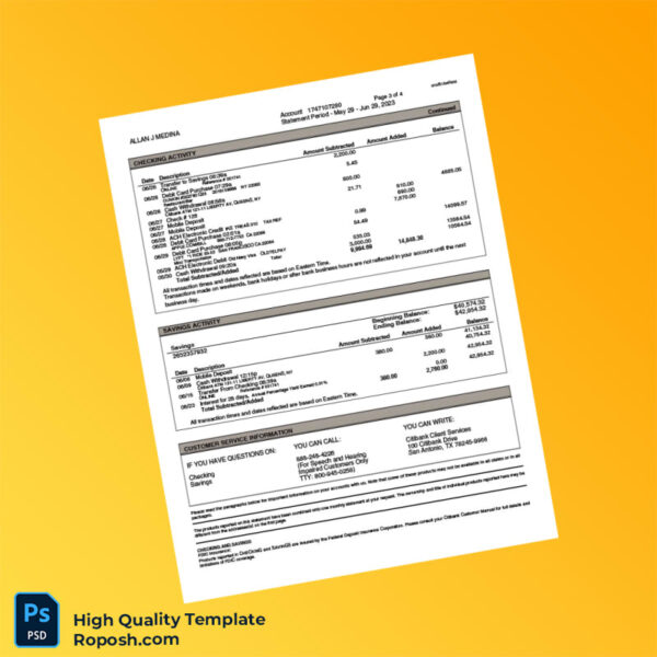 USA Citibank Bank Statement Template in Word and PDF formats 4 page