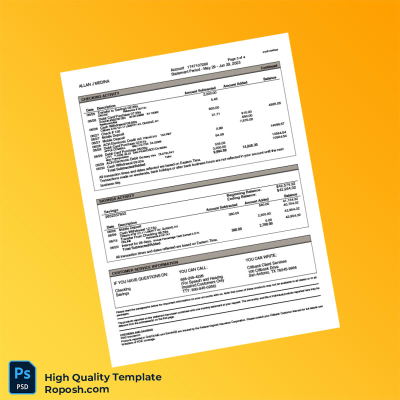 USA Citibank Bank Statement Template in Word and PDF formats 4 page USA Citibank Bank Statement Template in Word and PDF formats 4 page