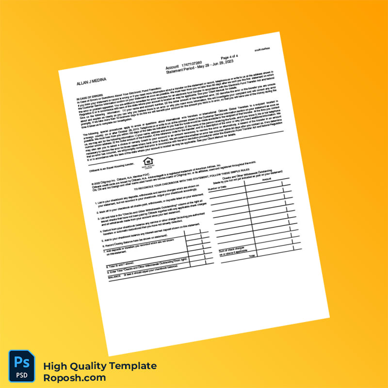 USA Citibank Bank Statement Template in Word and PDF formats 4 page USA Citibank Bank Statement Template in Word and PDF formats 4 page