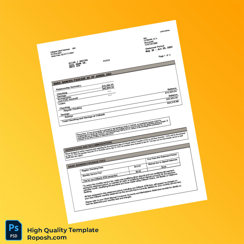 USA Citibank Bank Statement Template in Word and PDF formats 4 page USA Citibank Bank Statement Template in Word and PDF formats 4 page