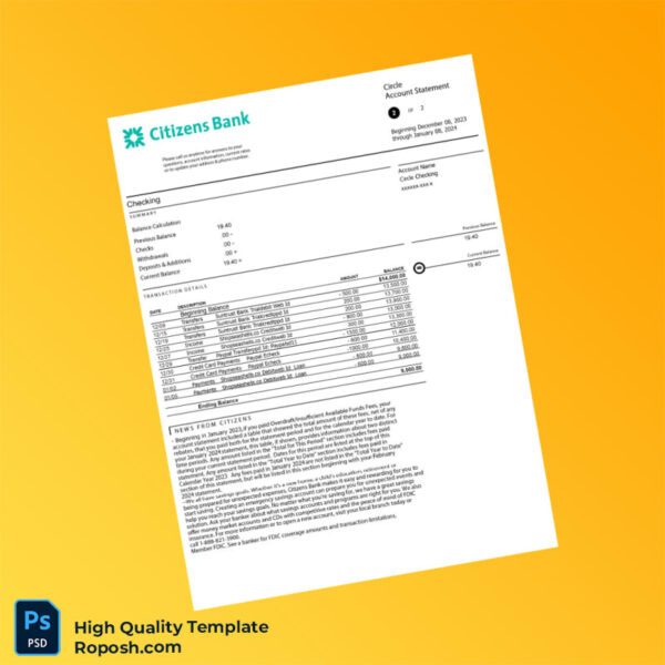 USA Citizens Bank Statement Template in Word and PDF formats 2 page