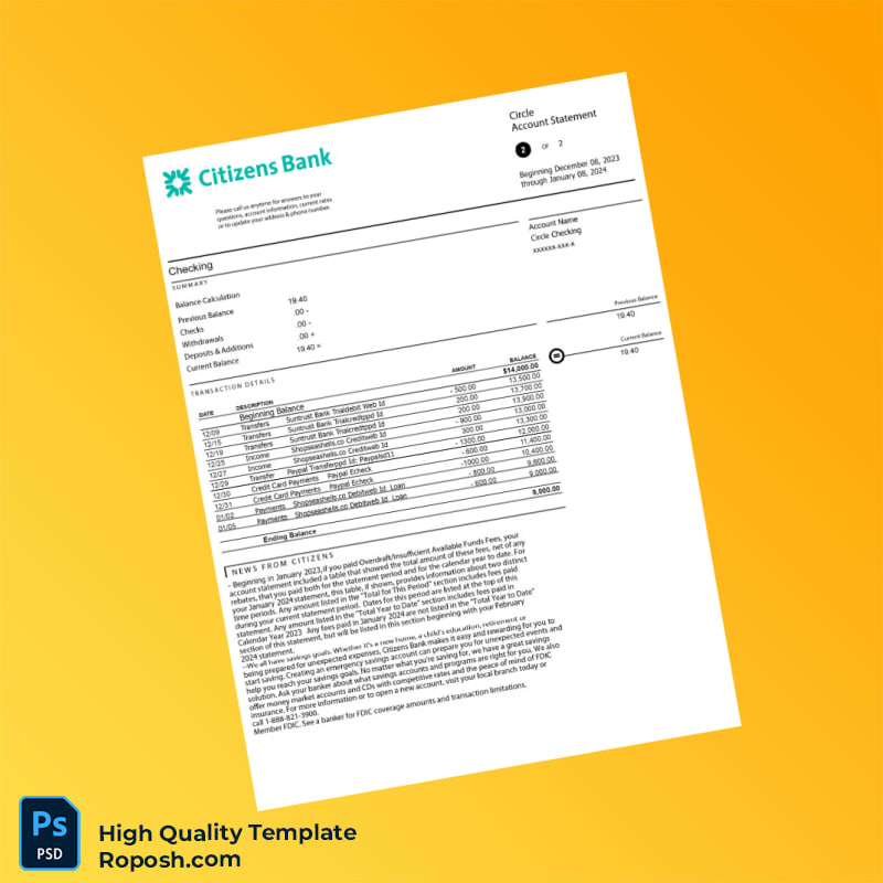 USA Citizens Bank Statement Template in Word and PDF formats 2 page USA Citizens Bank Statement Template in Word and PDF formats 2 page