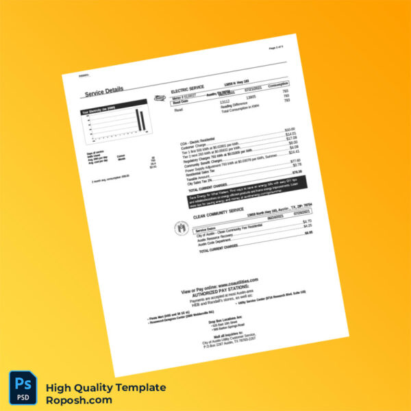 USA City of Austin Editable Electric Bill Template in Word and PDF formats 4 page