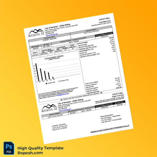 USA City of Buckeye Editable Utility Bill Template in Word and PDF formats