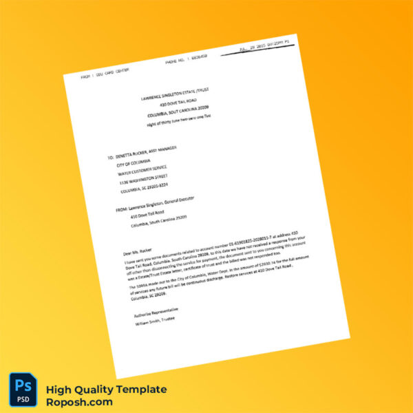 USA City of Columbia Editable Utility Bill Template in Word and PDF formats 2 page