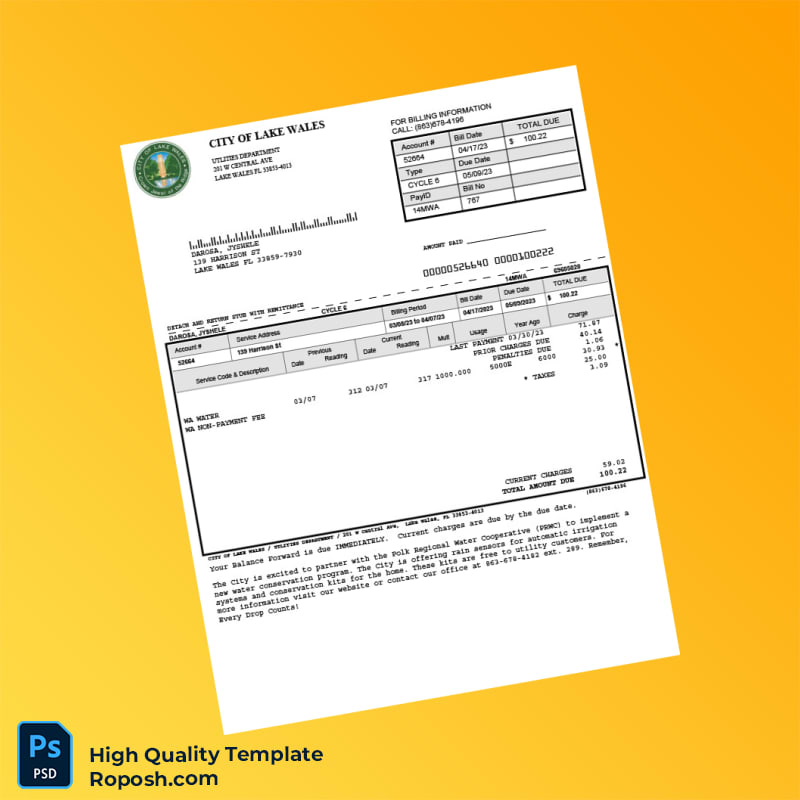 USA City of Lake Wales Utilities Department Editable Water Bill Template in Word and PDF formats USA City of Lake Wales Utilities Department Editable Water Bill Template in Word and PDF formats