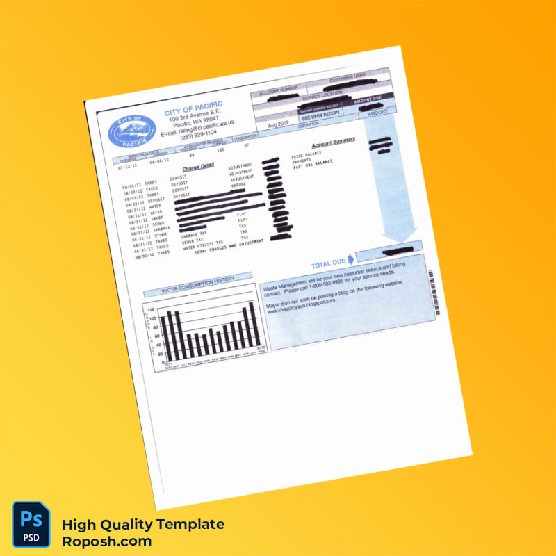 USA City of Pacific Editable Utility Bill Template in Word and PDF formats USA City of Pacific Editable Utility Bill Template in Word and PDF formats
