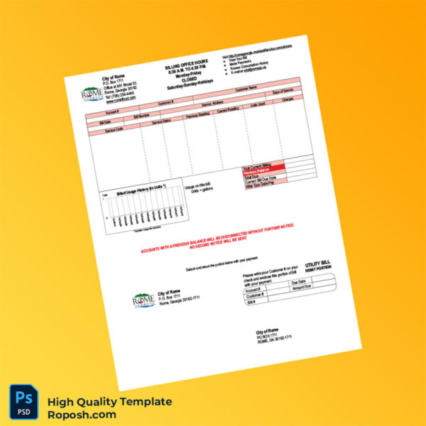 USA City of Rome Editable Utility Bill Template in Word and PDF formats 2 page