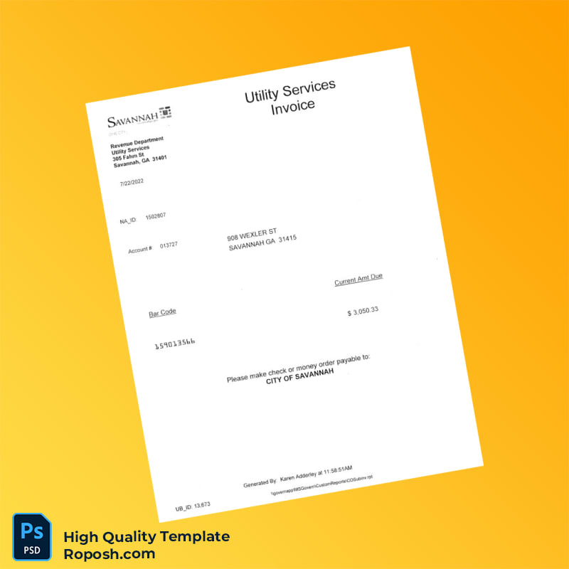 USA City of Savannah Editable Utility Bill Template in Word and PDF formats USA City of Savannah Editable Utility Bill Template in Word and PDF formats