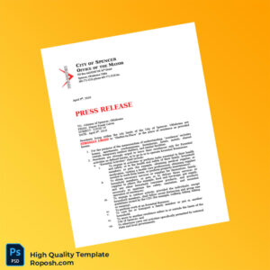 USA City of Spencer Editable Shelter-In-Place Press Release Template in Word and PDF formats 2 page