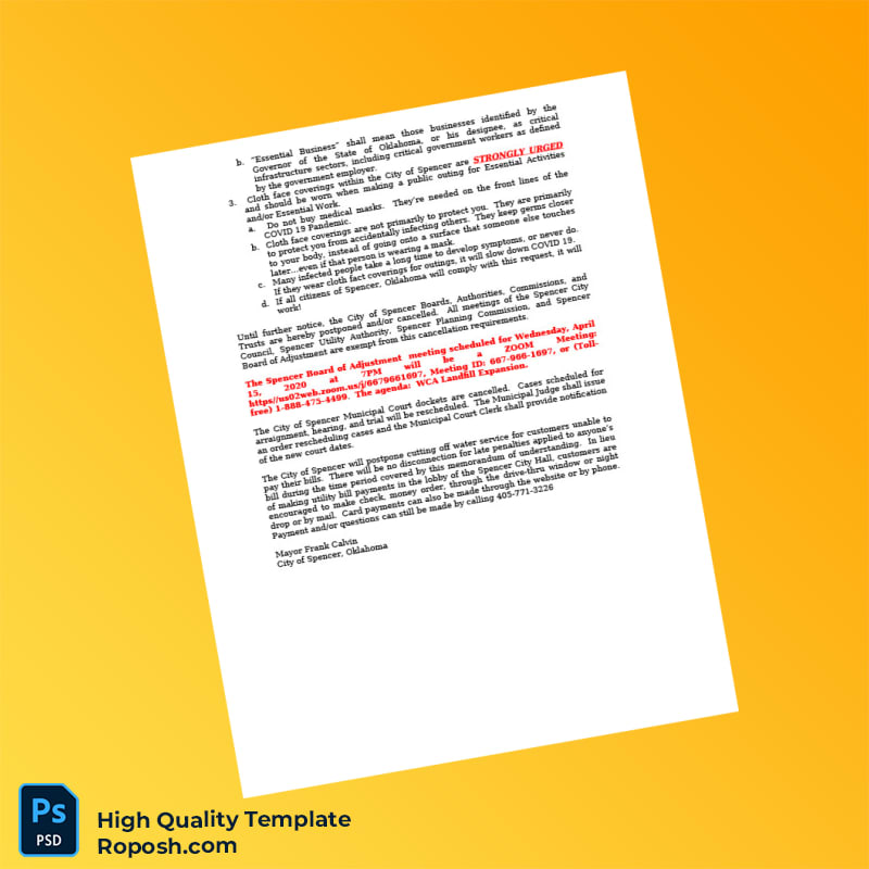 USA City of Spencer Editable Shelter-In-Place Press Release Template in Word and PDF formats 2 page USA City of Spencer Editable Shelter-In-Place Press Release Template in Word and PDF formats 2 page