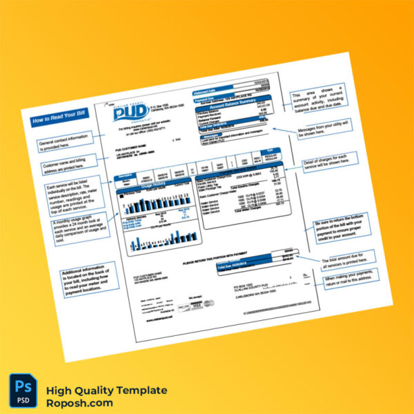 USA Clallam County PUD Editable Utility Bill Template in Word and PDF formats 2 page