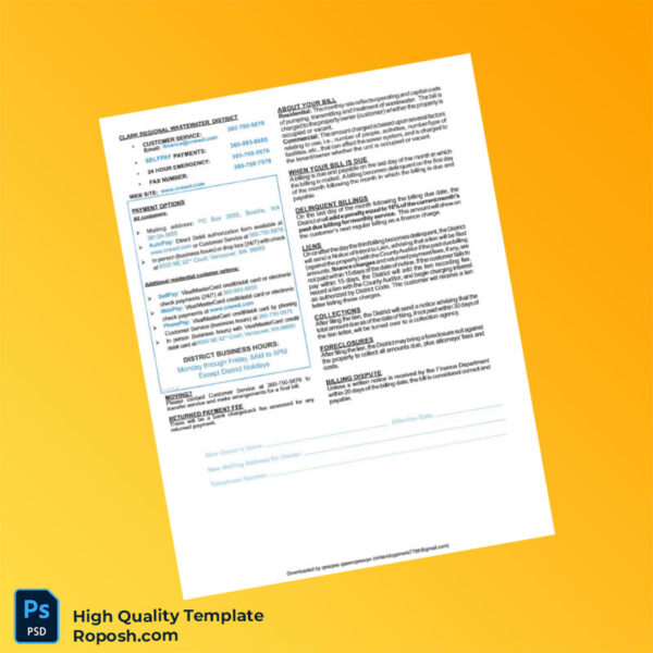 USA Clark Regional Wastewater District Editable Billing Statement Template in Word and PDF formats 2 page