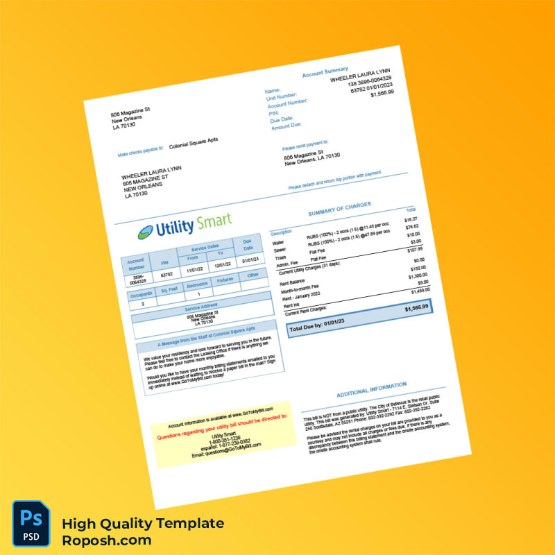 USA Colonial Square Apartments Editable Bill Template in Word and PDF formats USA Colonial Square Apartments Editable Bill Template in Word and PDF formats