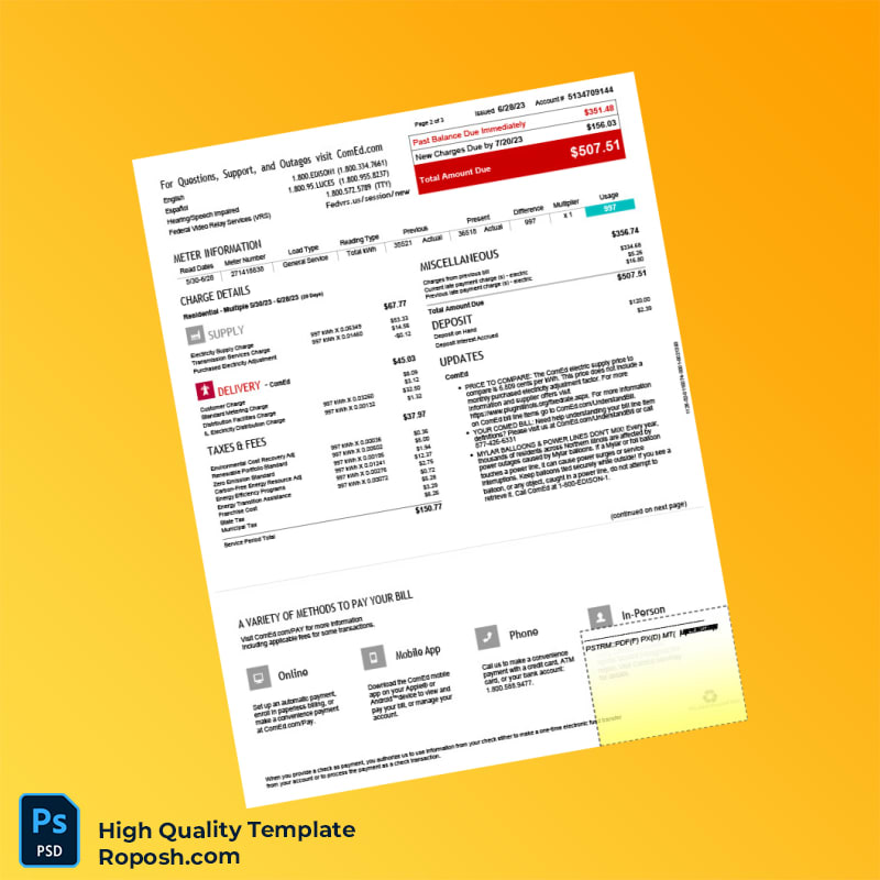 USA ComEd Editable Utility Bill Template in Word and PDF formats 3 page USA ComEd Editable Utility Bill Template in Word and PDF formats 3 page