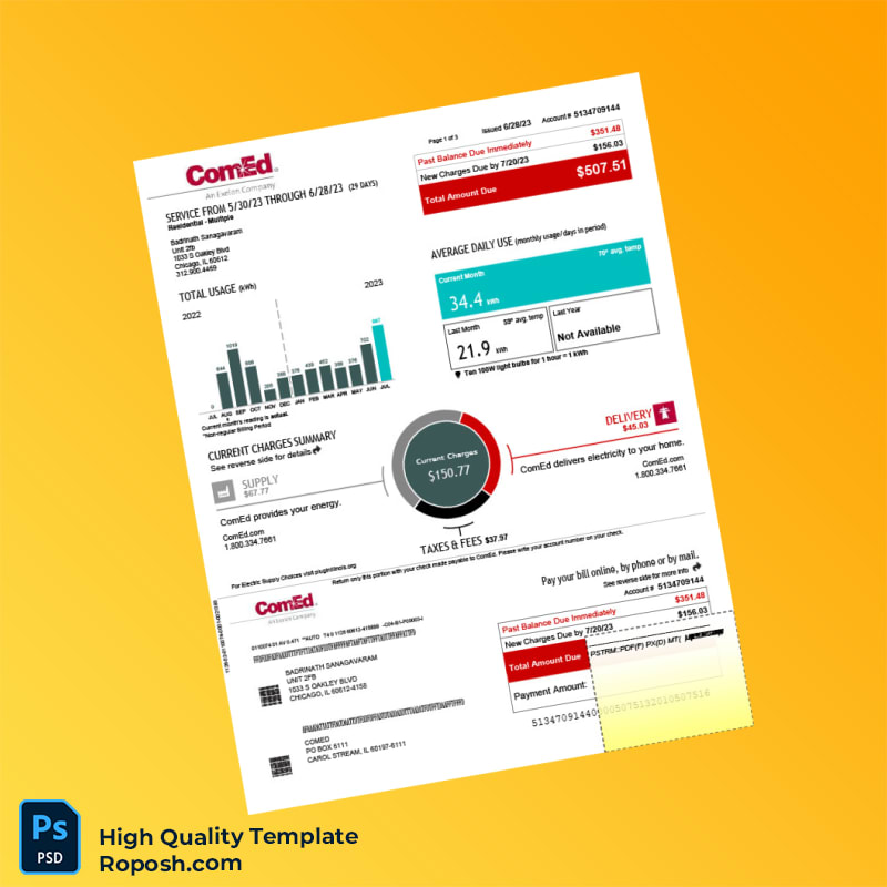 USA ComEd Editable Utility Bill Template in Word and PDF formats 3 page USA ComEd Editable Utility Bill Template in Word and PDF formats 3 page