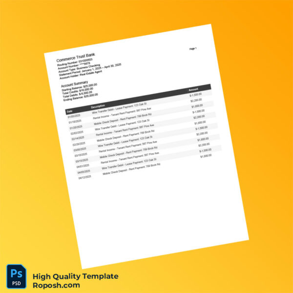 USA Commerce Trust Bank Bank Statement Template in Word and PDF formats 2 page