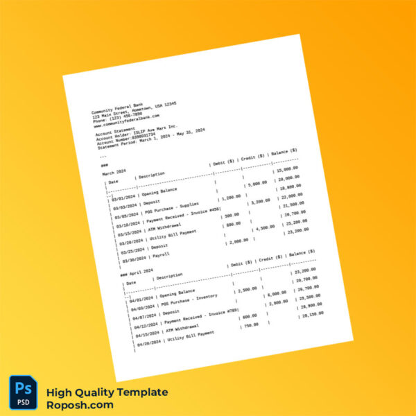 USA Community Federal Bank Editable Bank Statement Template in Word and PDF formats 2 page