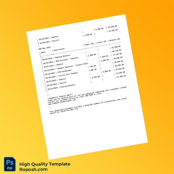 USA Community Federal Bank Editable Bank Statement Template in Word and PDF formats 2 page