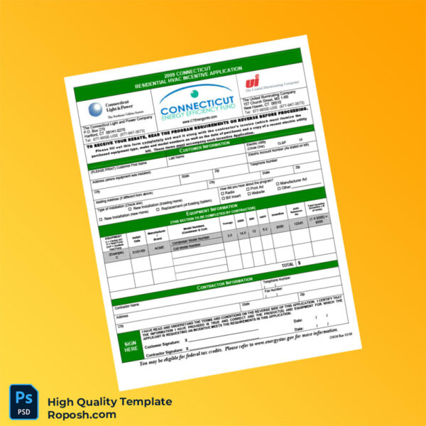 USA Connecticut Light Power Editable HVAC Incentive Application Template in Word and PDF formats 2 page