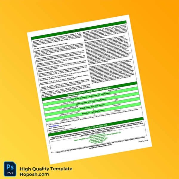 USA Connecticut Light Power Editable HVAC Incentive Application Template in Word and PDF formats 2 page