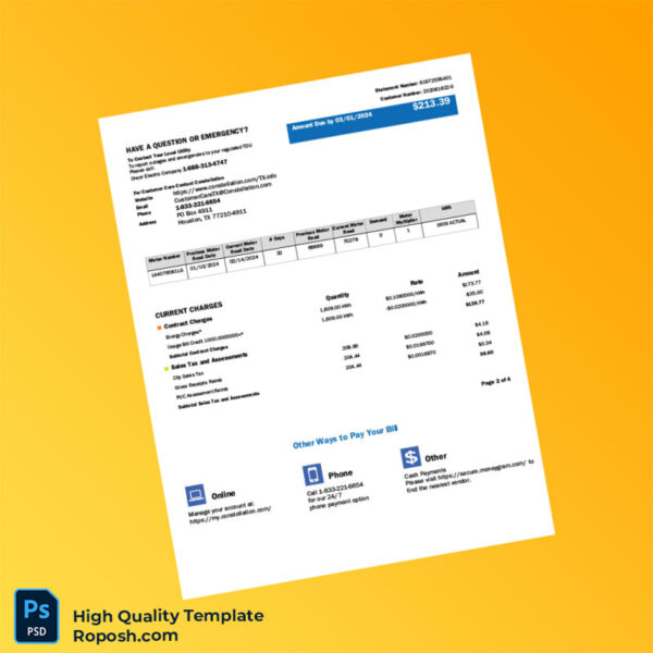 USA Constellation Editable Electricity Bill Template in Word and PDF formats 6 page