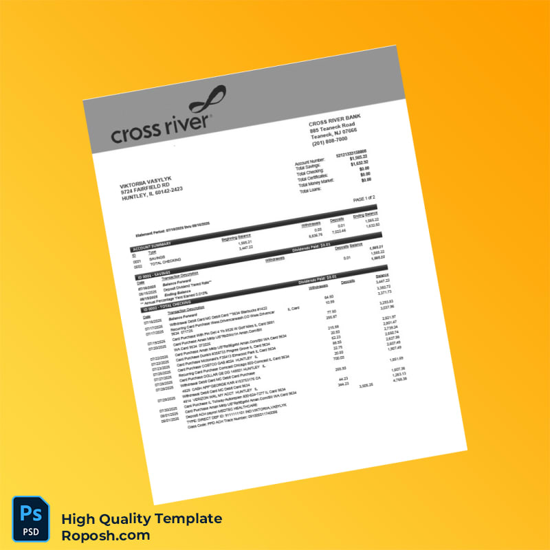 USA Cross River Bank Bank Statement Template in Word and PDF formats 3 page USA Cross River Bank Bank Statement Template in Word and PDF formats 3 page