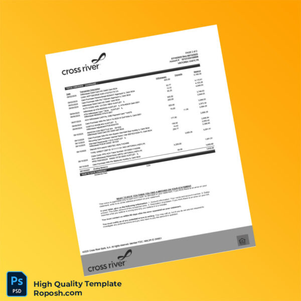 USA Cross River Bank Bank Statement Template in Word and PDF formats 3 page