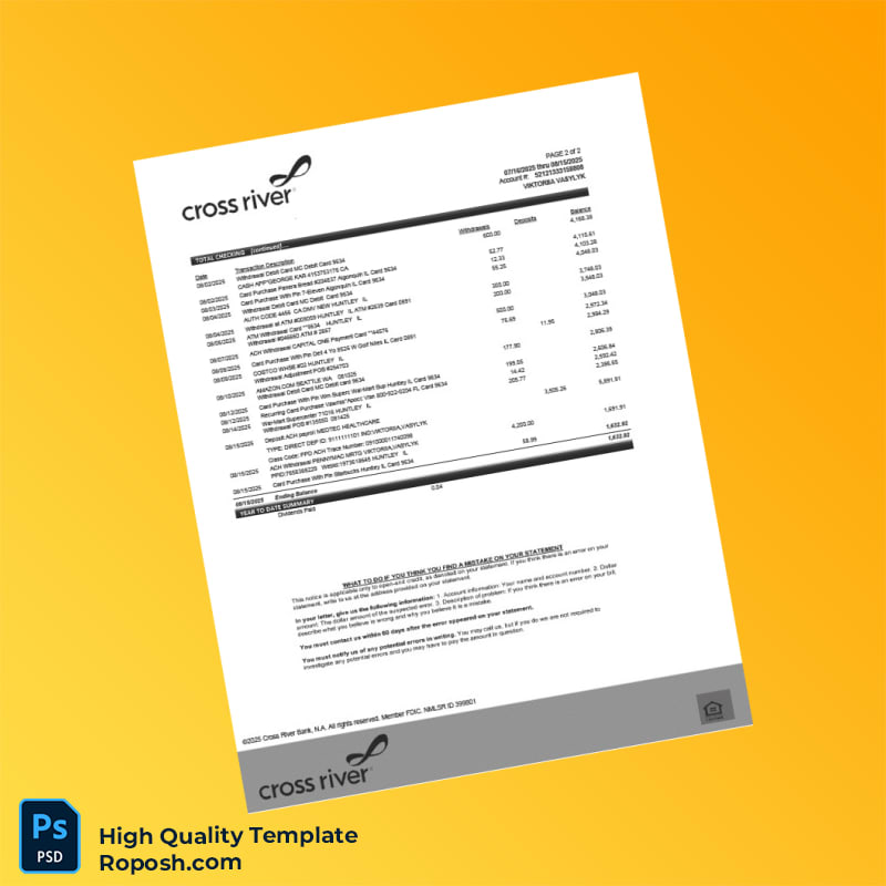 USA Cross River Bank Bank Statement Template in Word and PDF formats 3 page USA Cross River Bank Bank Statement Template in Word and PDF formats 3 page