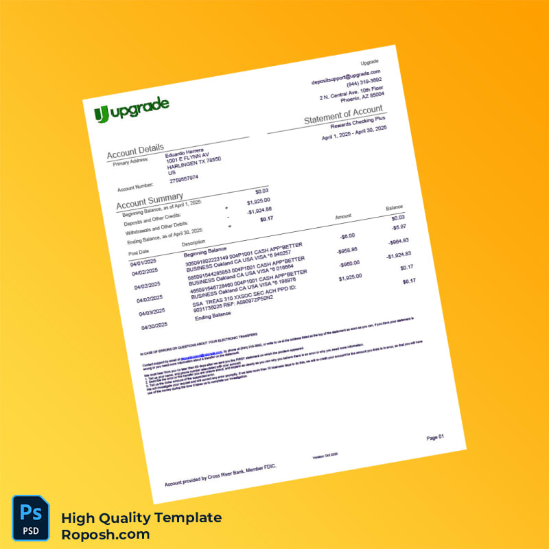 USA Cross River Bank Rewards Checking Plus Statement Template in Word and PDF formats USA Cross River Bank Rewards Checking Plus Statement Template in Word and PDF formats