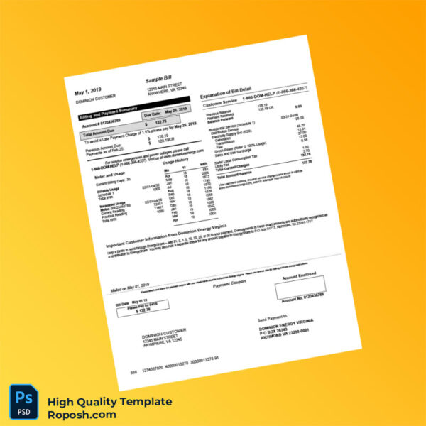 USA Dominion Energy Editable Electricity Bill Template in Word and PDF formats