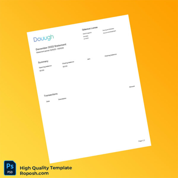 USA Dough Bank Account Statement Template in Word and PDF formats 2 page