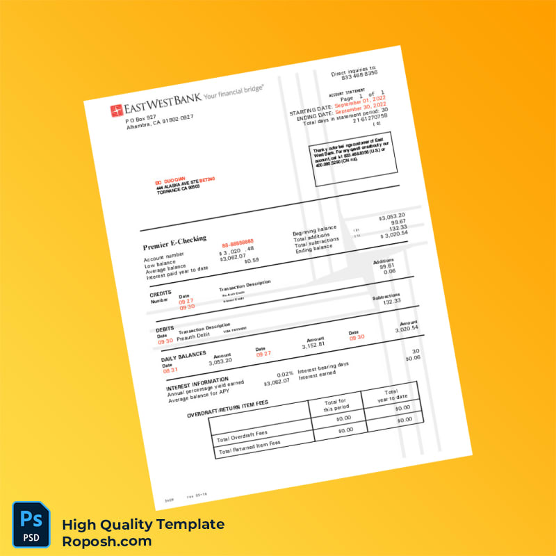 USA East West Bank Statement Template in Word and PDF formats USA East West Bank Statement Template in Word and PDF formats