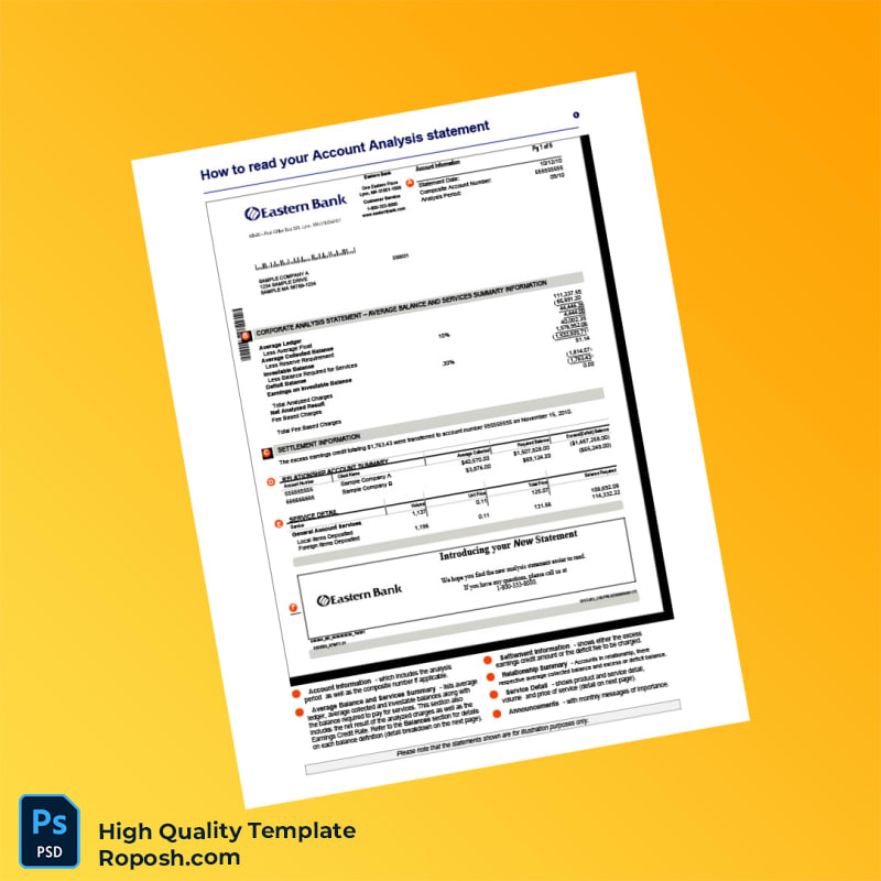USA Eastern Bank Account Analysis Statement Template in Word and PDF formats 2 page USA Eastern Bank Account Analysis Statement Template in Word and PDF formats 2 page