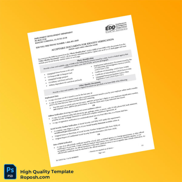 USA Employment Development Department Editable Identity Verification Document Template in Word and PDF formats 2 page