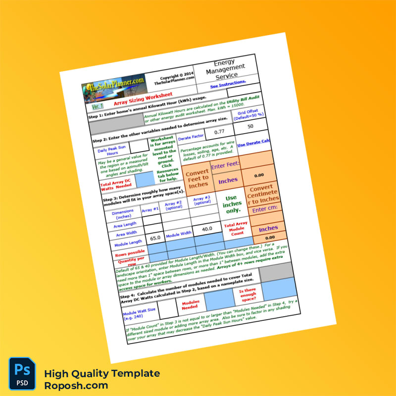 USA Energy Management Service Editable Array Sizing Workbook Template in Word and PDF formats 4 page USA Energy Management Service Editable Array Sizing Workbook Template in Word and PDF formats 4 page