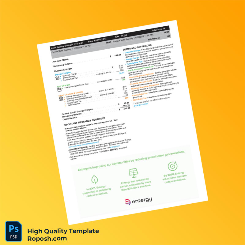USA Entergy Editable Electricity Bill Template in Word and PDF formats 2 page USA Entergy Editable Electricity Bill Template in Word and PDF formats 2 page