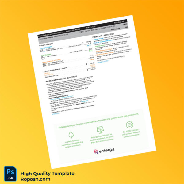 USA Entergy Louisiana Editable Electricity Bill Template in Word and PDF formats 2 page