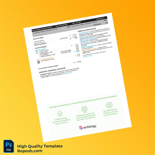 USA Entergy Louisiana Editable Utility Bill Template in Word and PDF formats 2 page