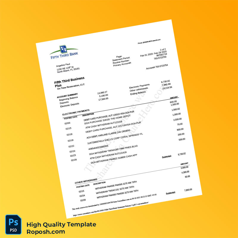 USA Fifth Third Bank Statement Template in Word and PDF formats 2 page USA Fifth Third Bank Statement Template in Word and PDF formats 2 page