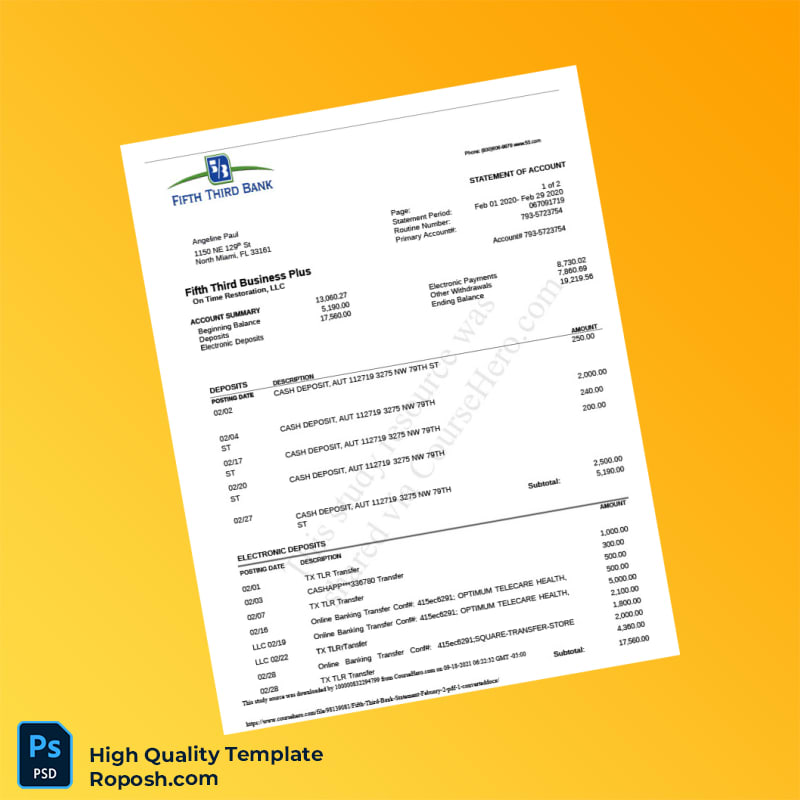 USA Fifth Third Bank Statement Template in Word and PDF formats 2 page USA Fifth Third Bank Statement Template in Word and PDF formats 2 page