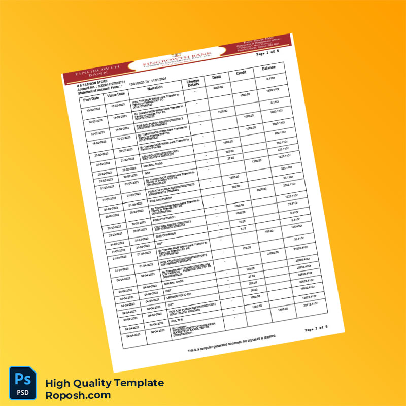 USA Fingrowth Co-op Bank Statement Template in Word and PDF formats 5 page USA Fingrowth Co-op Bank Statement Template in Word and PDF formats 5 page