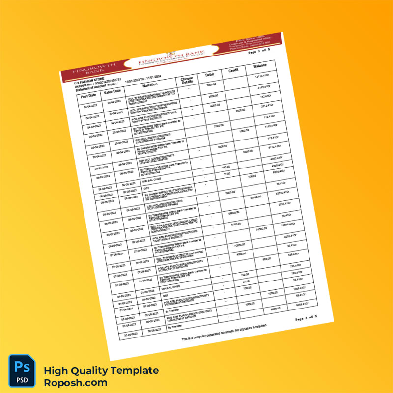 USA Fingrowth Co-op Bank Statement Template in Word and PDF formats 5 page USA Fingrowth Co-op Bank Statement Template in Word and PDF formats 5 page