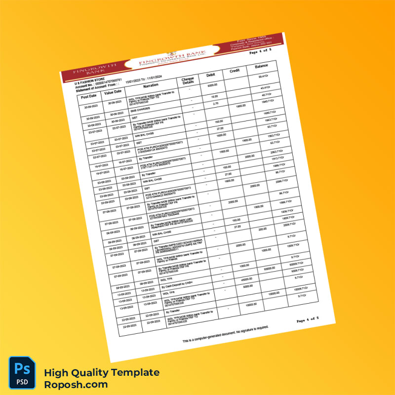 USA Fingrowth Co-op Bank Statement Template in Word and PDF formats 5 page USA Fingrowth Co-op Bank Statement Template in Word and PDF formats 5 page