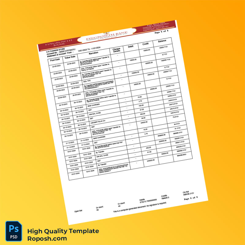 USA Fingrowth Co-op Bank Statement Template in Word and PDF formats 5 page USA Fingrowth Co-op Bank Statement Template in Word and PDF formats 5 page
