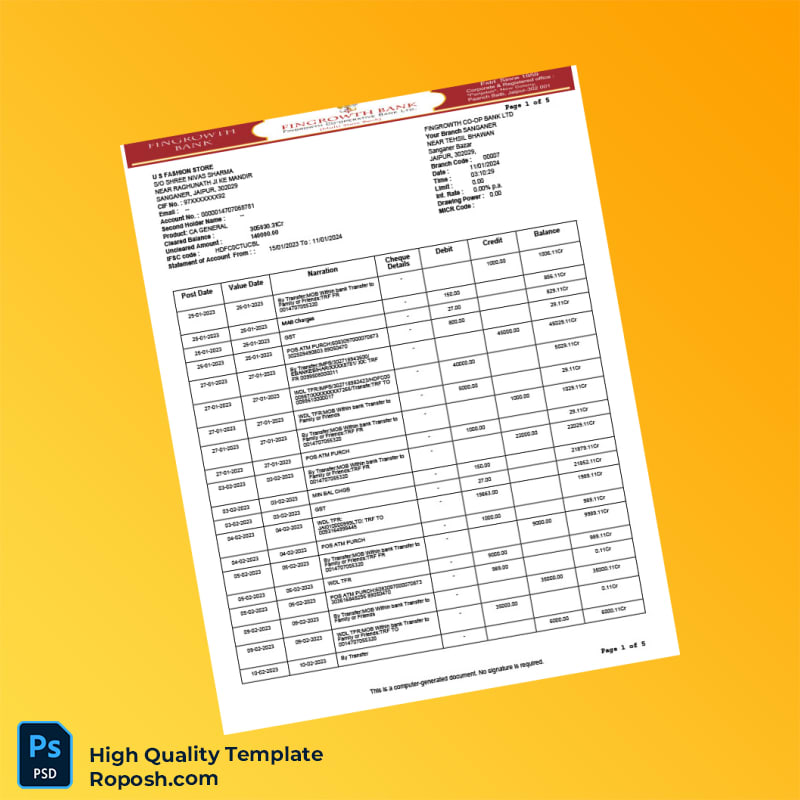 USA Fingrowth Co-op Bank Statement Template in Word and PDF formats 5 page USA Fingrowth Co-op Bank Statement Template in Word and PDF formats 5 page