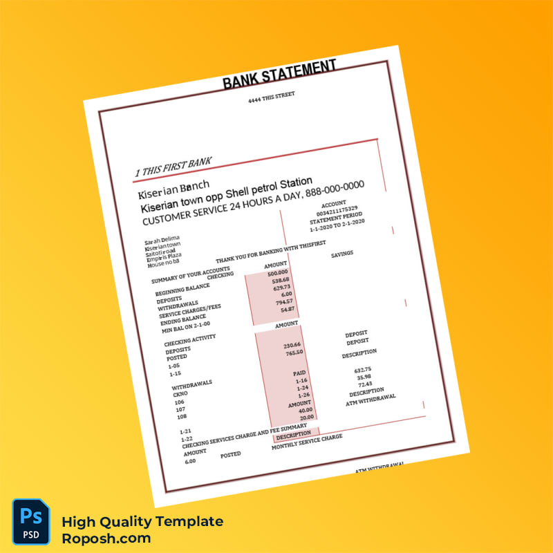 USA First Bank Bank Statement Template in Word and PDF formats 2 page USA First Bank Bank Statement Template in Word and PDF formats 2 page