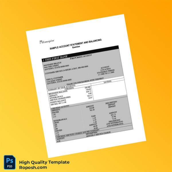 USA First Bank Statement Template in Word and PDF formats 2 page