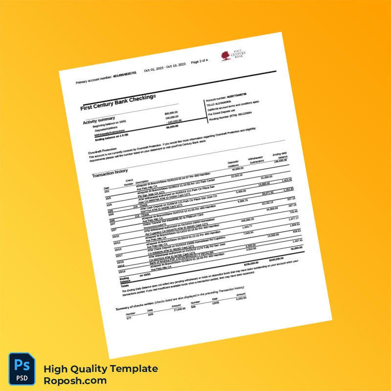 USA First Century Bank Account Statement Template in Word and PDF formats 4 page USA First Century Bank Account Statement Template in Word and PDF formats 4 page
