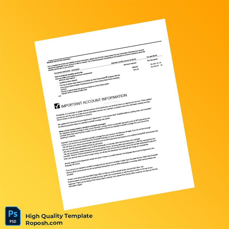 USA First Century Bank Account Statement Template in Word and PDF formats 4 page USA First Century Bank Account Statement Template in Word and PDF formats 4 page